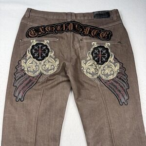 Imperious Jeans Mens 38x34 Brown Straight Gothic Cross Wing Embroidered Denim